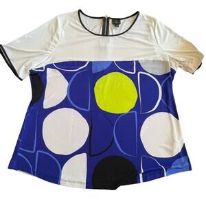 Worthington Woman 1X Plus Size Blouse Abstract Art ColorBlock Shirt White Blue
